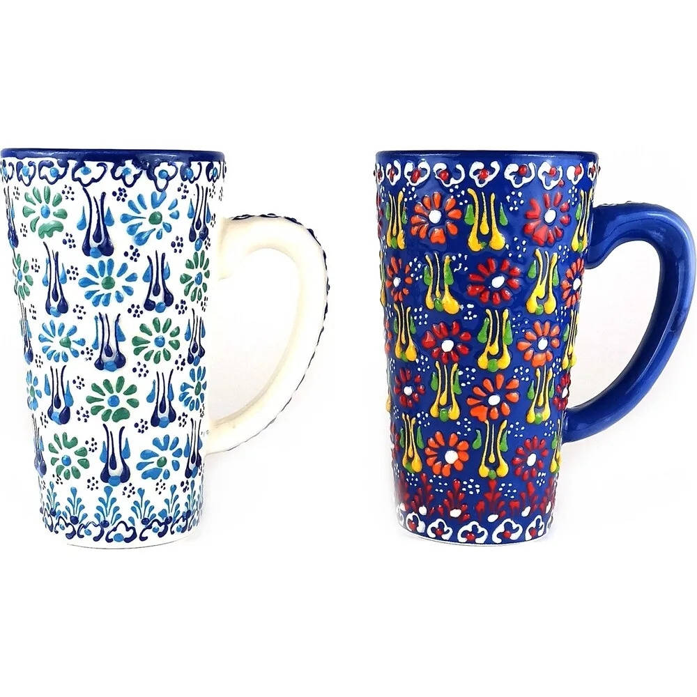 Ceramic Handmade Latte Mug Set of 2 - Blue White & Navy 500ml Latte Glass