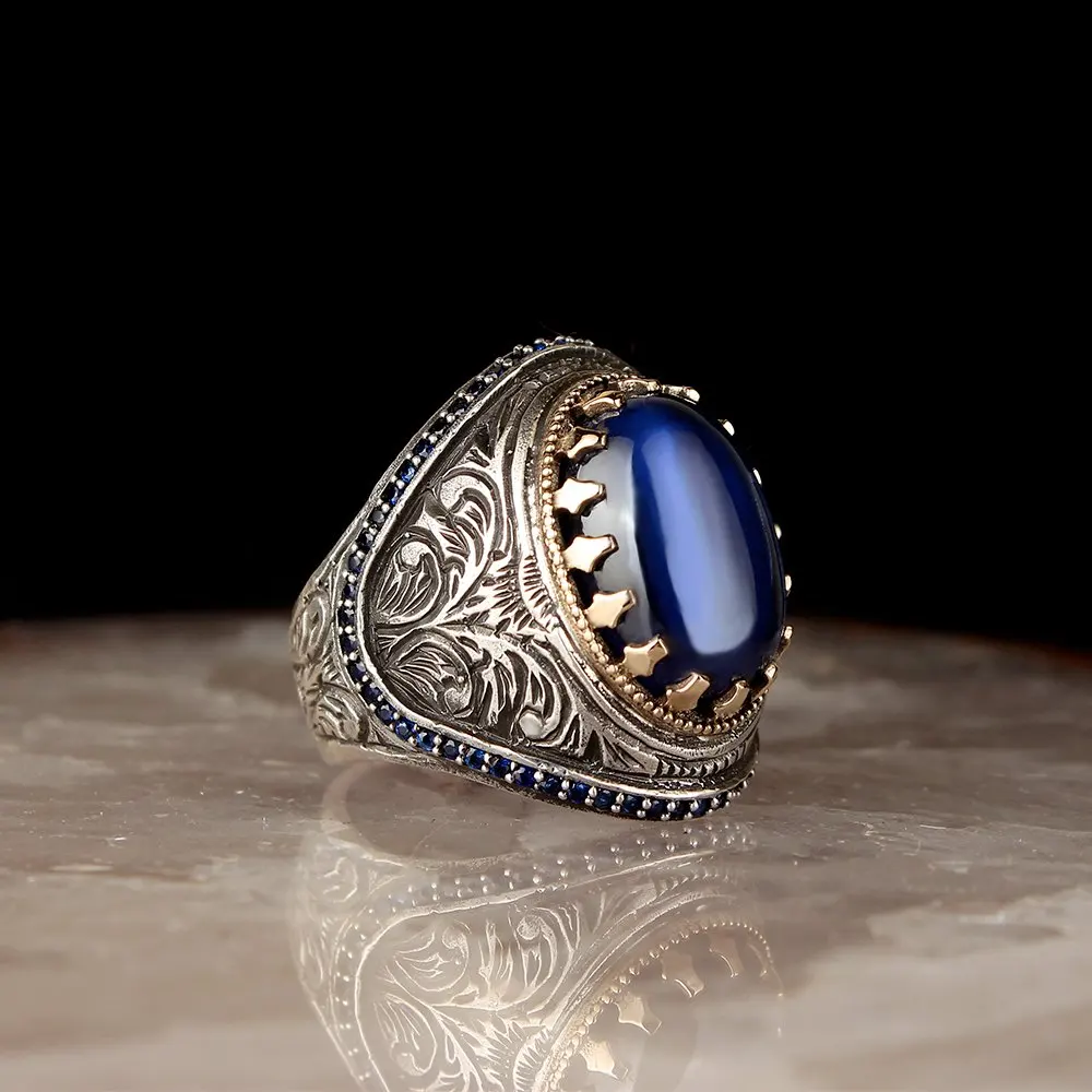 Pen İşçilikli Blue Zircon Stone 925 Sterling Mens Silver Ring