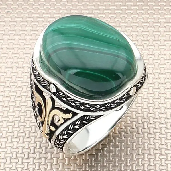 

Genuine 925 Sterling Silver Blue Turkish Men'sRing for Men Natural Oval Malachite Stone Punk Male Rings Gem Fashion Jewelry Gift