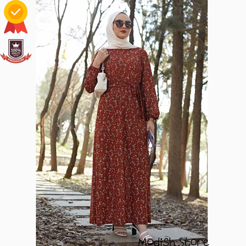 2021 Floral Women's Long Muslim Dress Dubai Abaya Muslim Fashion Moroccan Caftan Eid Mubarak Robe Turkey European Clothing Arabi