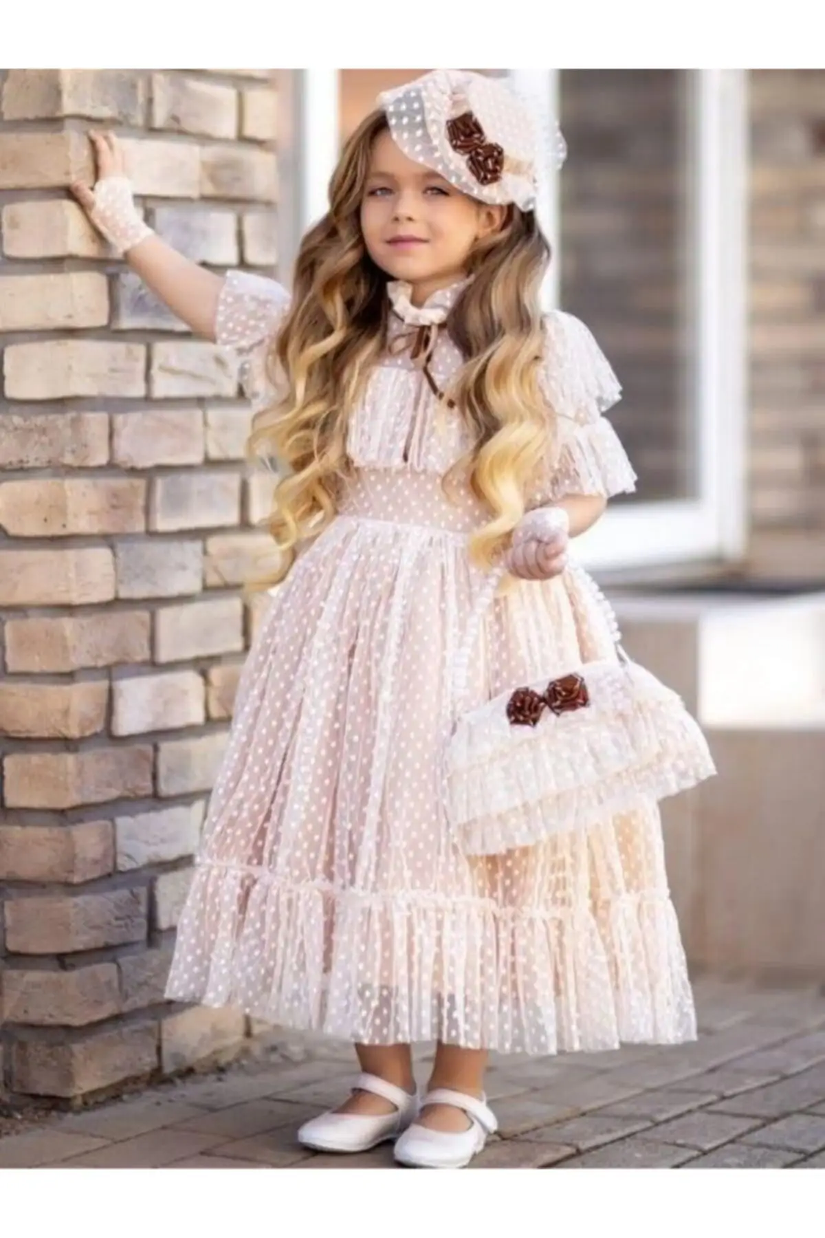 Female Child Noble Beaute Hat Cream Dress Powder Dress Ruched Female Child Dress set French Lace Buckle Female Child Dress