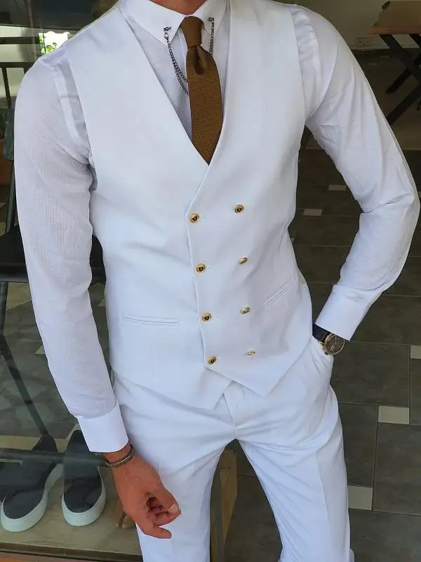 Men\'s Suits & Blazers (Jacket+Pants+Vest) Handsome White 3 Piece Groom Tuxedos For Wedding Formal Prom Suit Party Evening Terno