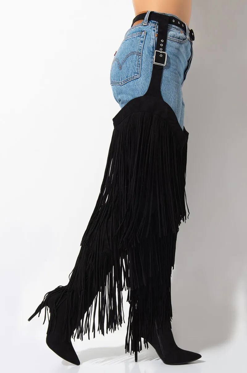 Fashion Fringe Belted Chaps Over The Knee Snakeskin Boots Women Pointed Toe Thigh High Long Tassel Boots High Heels Shoes Woman