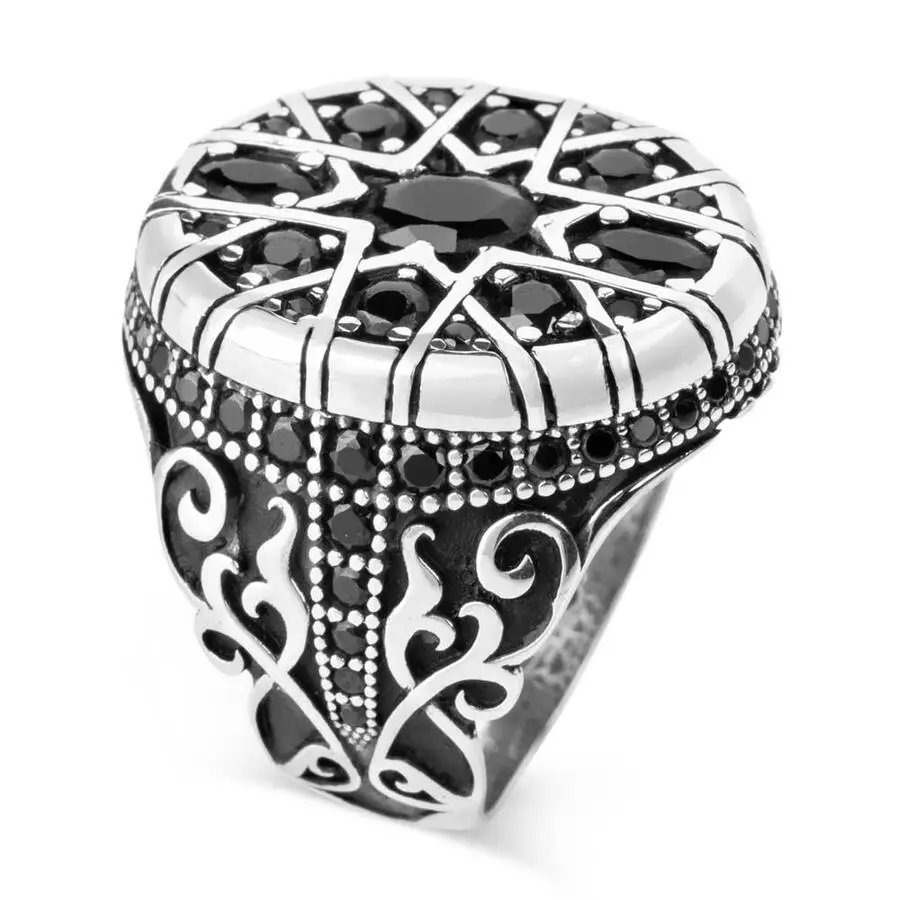 

Black Mini Stone Engraved Sterling Silver Men's Ring Fashion Turkish Premium Quality Handmade Jawelery