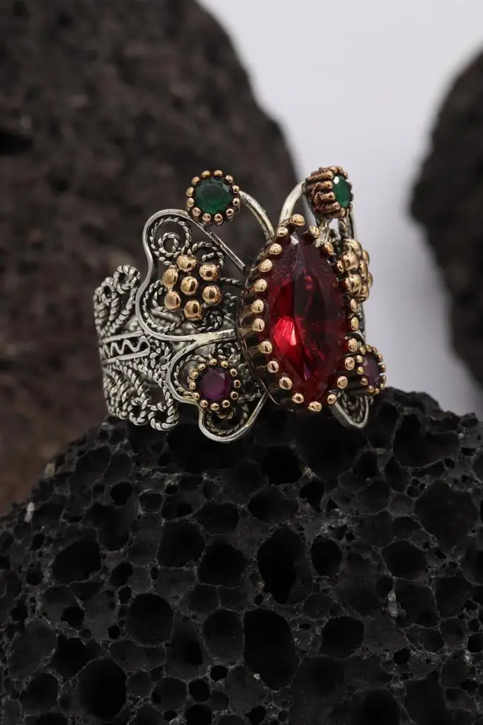 

925 Sterling Silver Emerald Ruby Zircon Filigree Ring Inlaid Mardin Assyrian Turkish Adjustable Finger Width Jewelry Butterfly