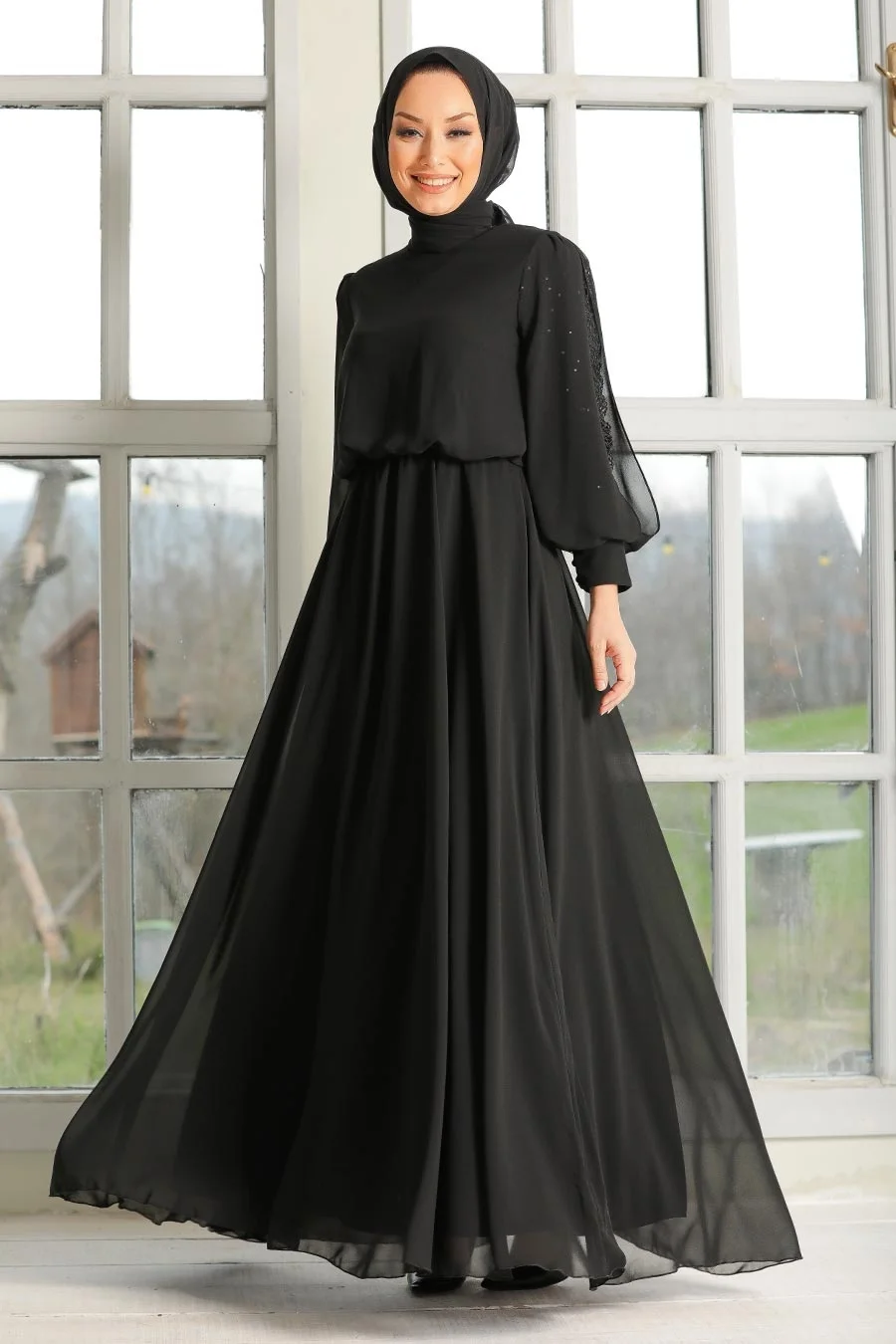 Black Hijab Evening Dress with Lace on the Sleeves Dubai hijab abayas for women caftan marocain kaftan Abaya woman muslim dress