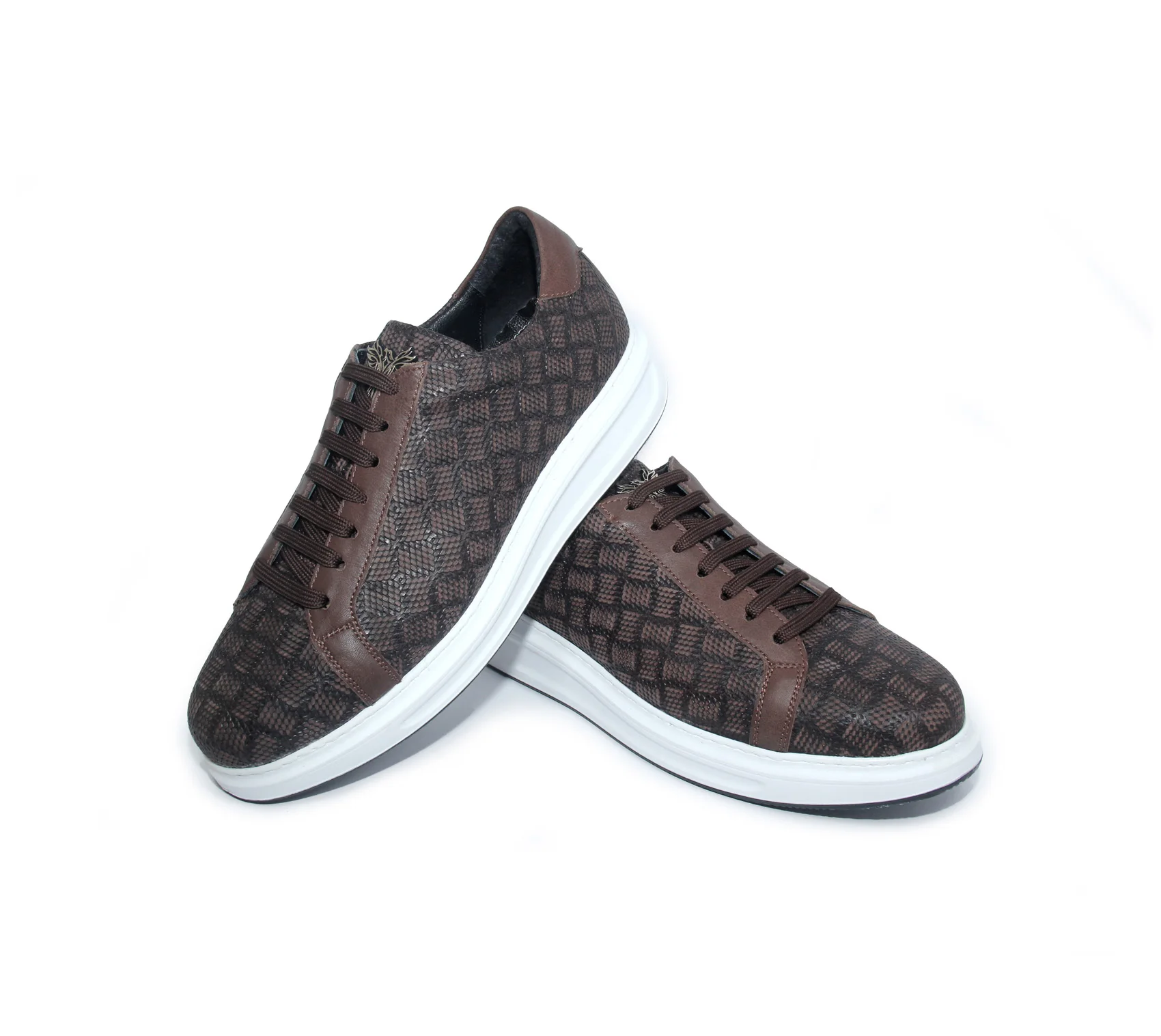 

Handmade Brown Sport Sneakers with Natural Calf Skin, Patterned Matte Embossed Lazer Leather, Men's Casual Lightweight Shoes