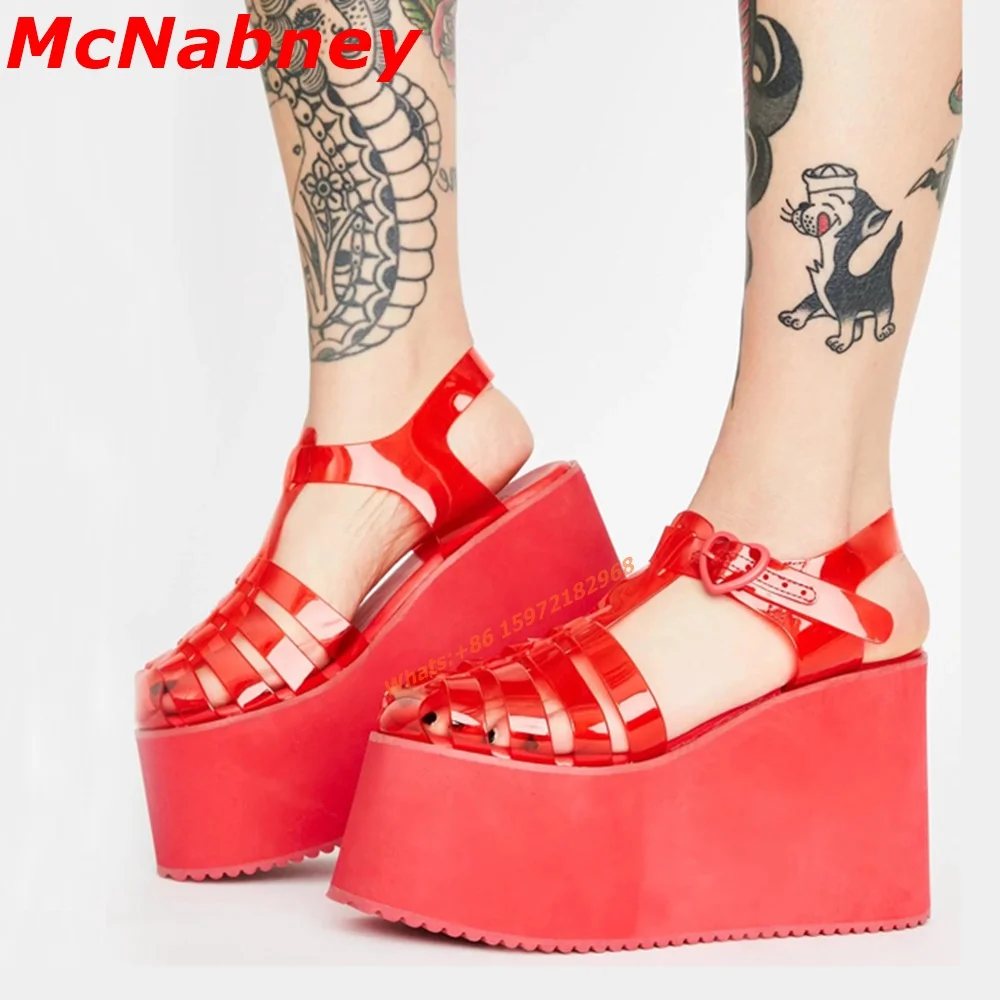 High Platform Sandals Women's Wedge Heels New Summer Open Toe High-Heeled Shoes Buckle Roman PVC Sandals Sexy Solid Candy Colors