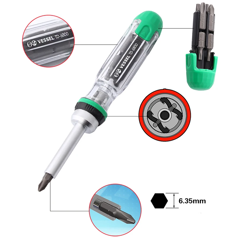 Vessel Ratchet Screwdriver Set with Multi-function Magnetic Bits Japan Tools No.6804