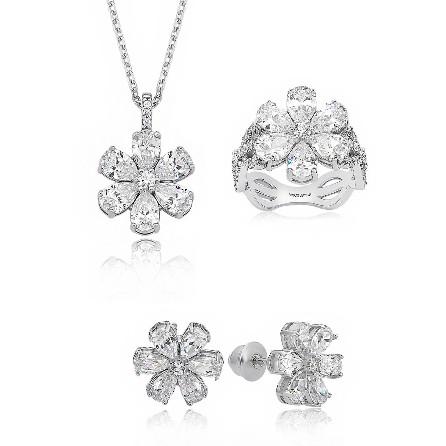 

Valori Jewels Magnolia Flower Set , 6 Ct Zircon White Pear Gemstone , Rhodium Plated ,925 Silver, Fine Jewelry