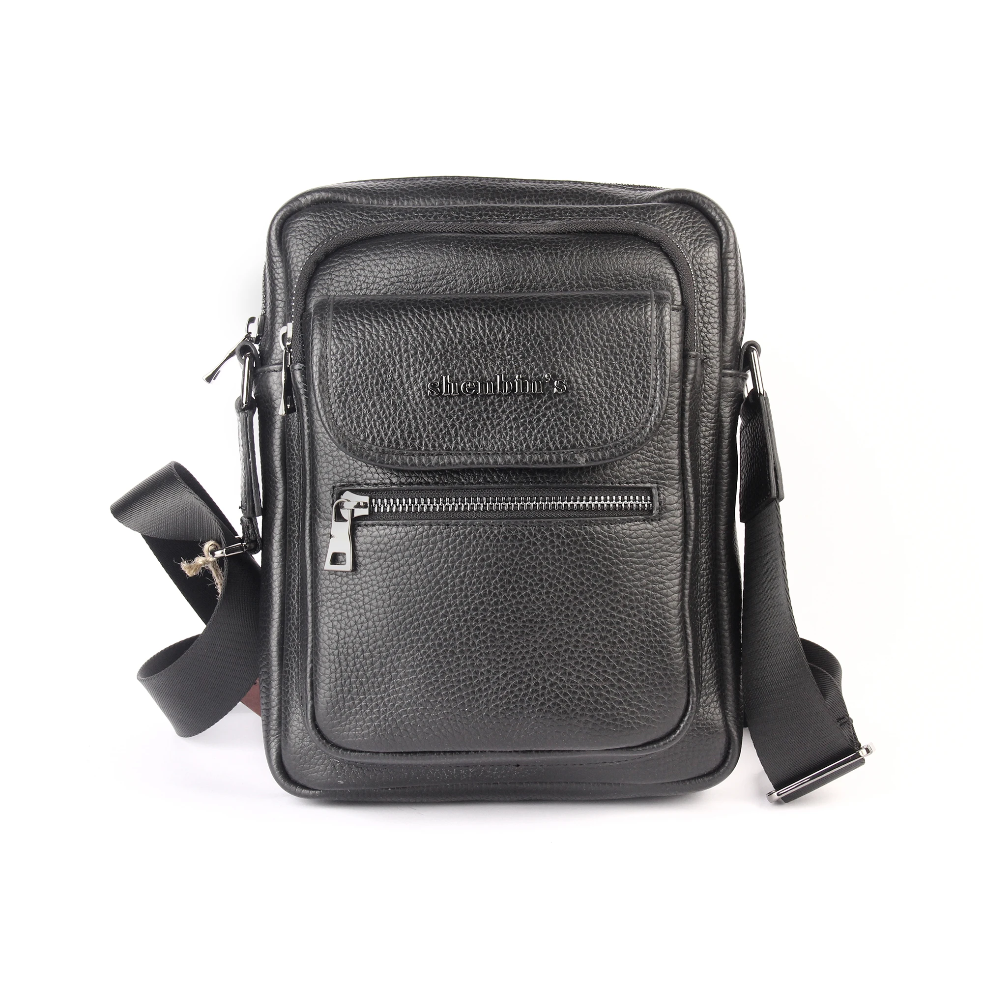 Men's Black Shoulder Bag with Zippers, Genuine Calf Leather, Multi Pocket, Small Size 28x20 cm, New Arrival, Tablet Ipad