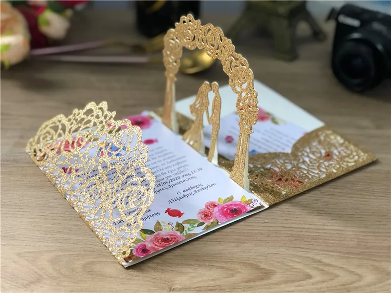 10x Gold Silver Glitter 3D Invite Pocket Wedding Invitation Cards Bride&Groom Trifold Card Laser Cut Greeting Invitations Cover