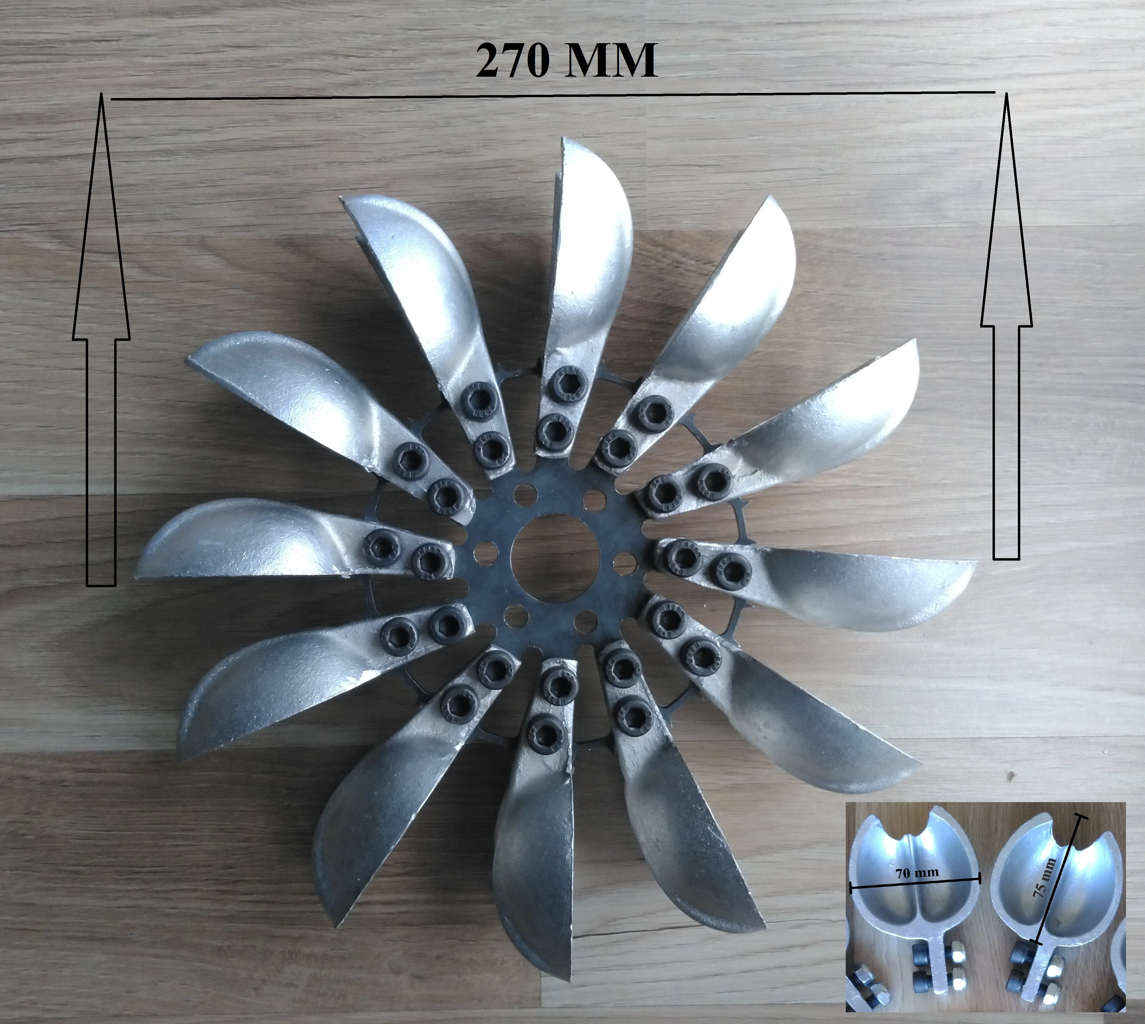 Pelton turbine wheel with 12 aluminum spoon, 270 mm 10.63 inch