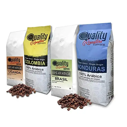 Quality Roasters Coffees. Café en grano natural. 100% Arabica. 4 orígenes: Colombia, Uganda, Brasil, Honduras. Pack de 4 Kg. Tostado artesanal.