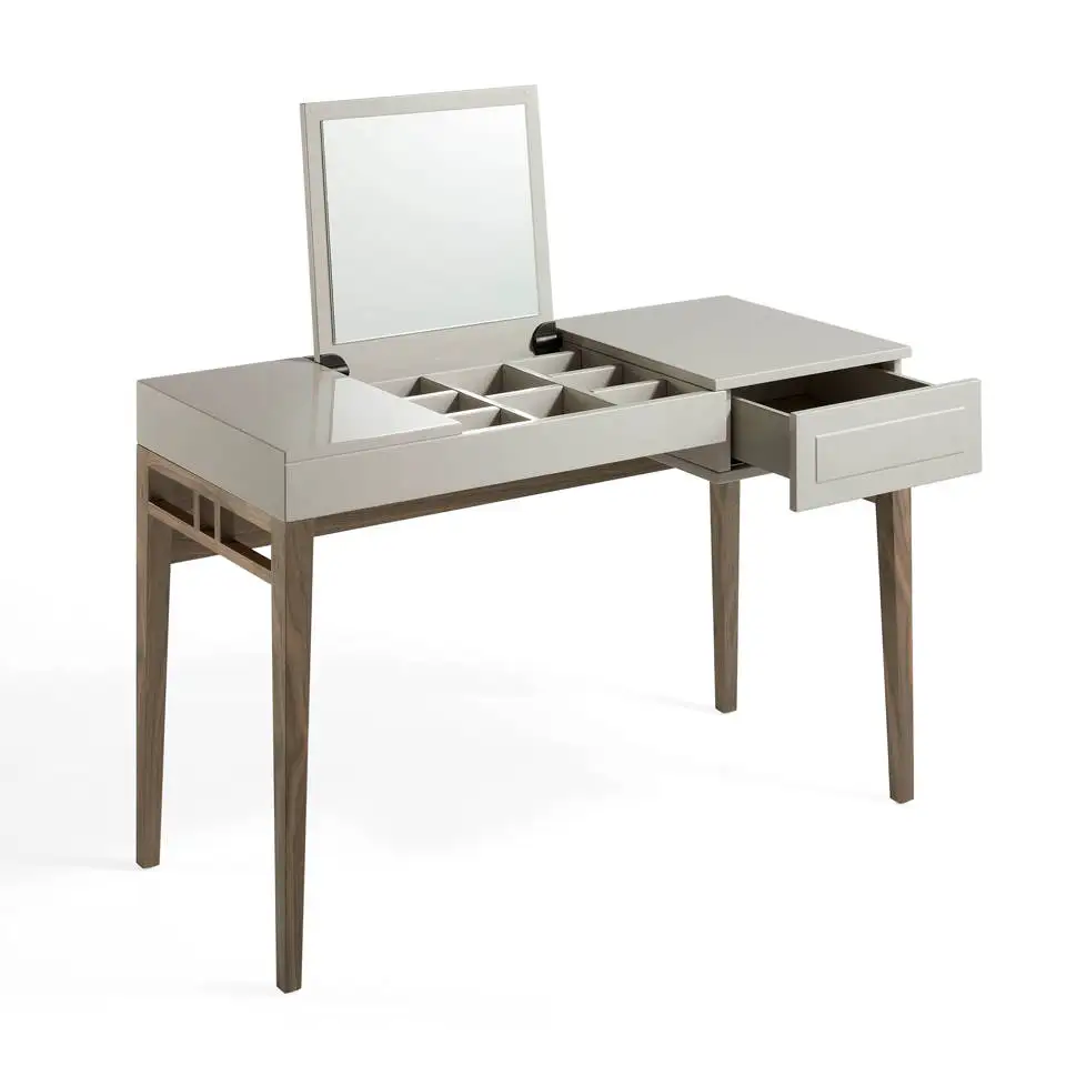 Vanity 7001 Angel Cerdá-dressing table with DM lid lacquered in glitter fog and foot structure in walnut-plated wood. Folding mirror with jewelry box and drawer.