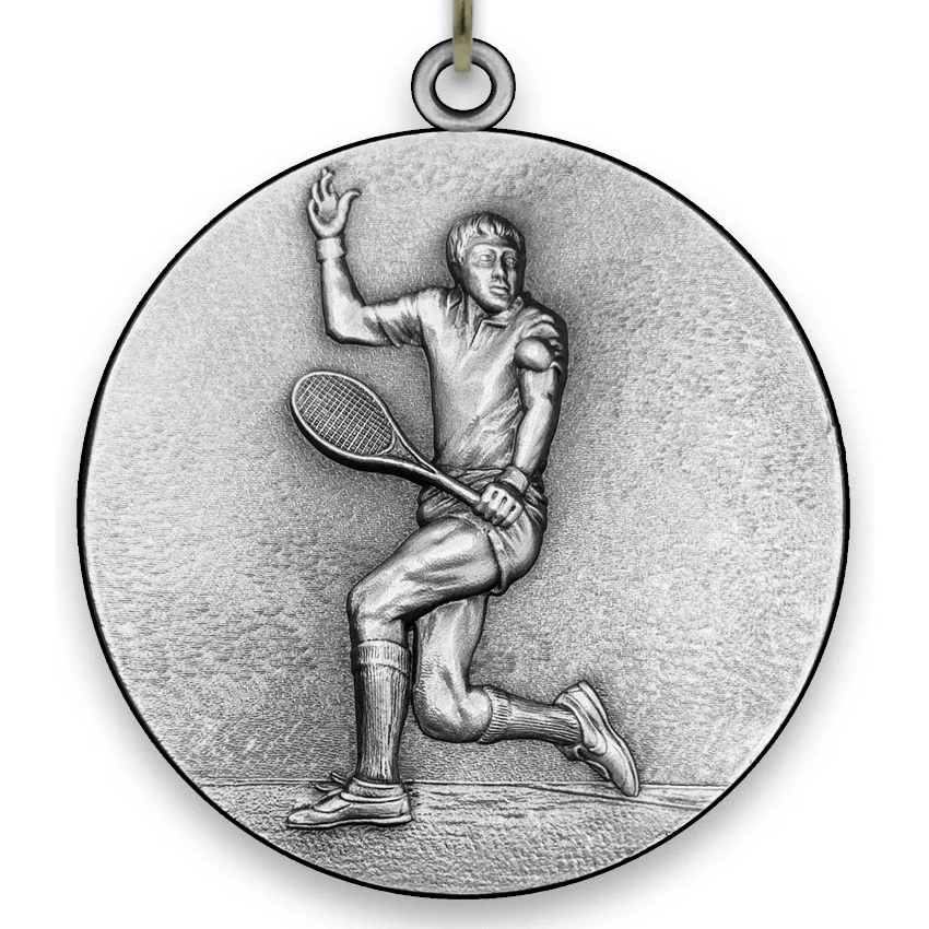 Large Metal Tennis Male Silver Medal - 6,4 cm - with Neck Ribbon size 2,2cm x 80 cm - Choice of Ribbon Colours.