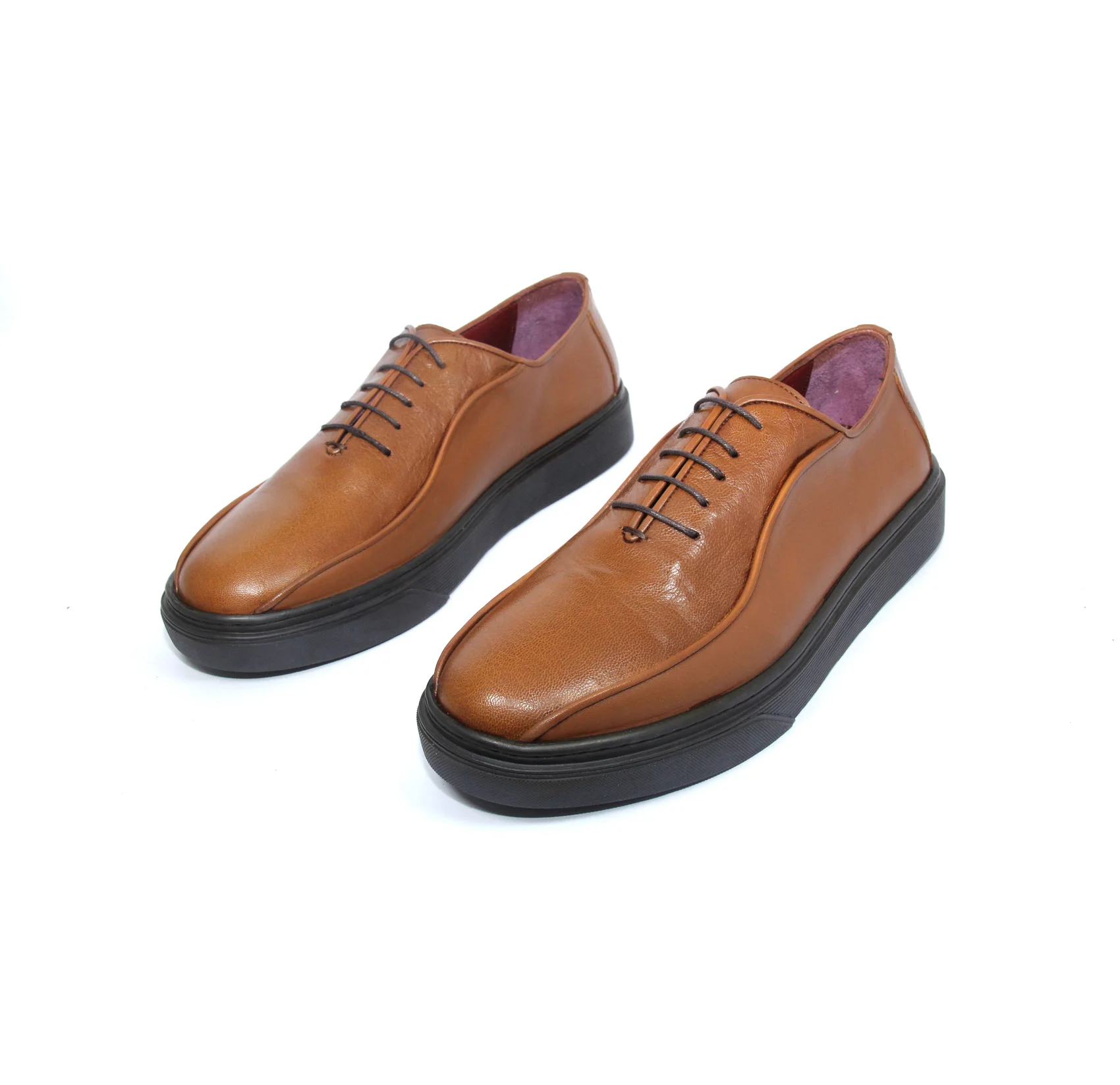 Handmade Sneakers with Natural Calfskin, Tobacco Light Brown Leather, Black Height Increasing Sole, Oxford Style Men's Shoes