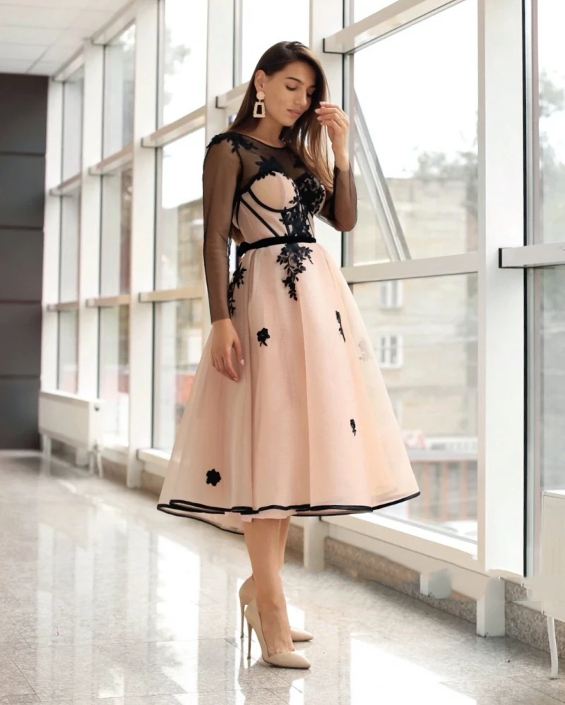 Customized Sexy Lady Pink Prom Dresses Long Sleeve Evening robe soirée femme A Line Black Lace Sheer Applique vestidos de noche