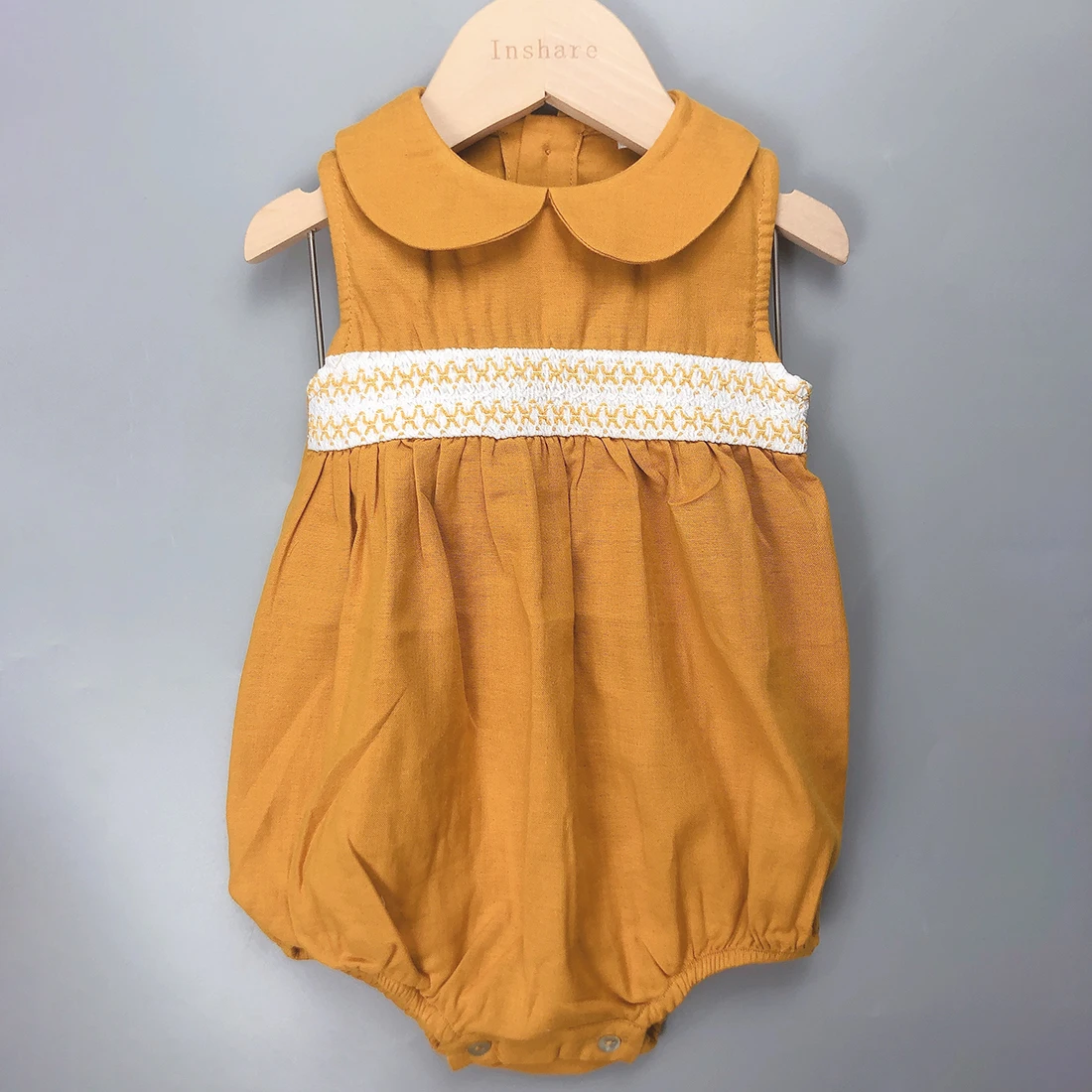 Children Boutique Spanish Clothing Summer Baby Girls Yellow Romper Short Sleeve Cotton Linen Boy Set Sister Brother Outfit