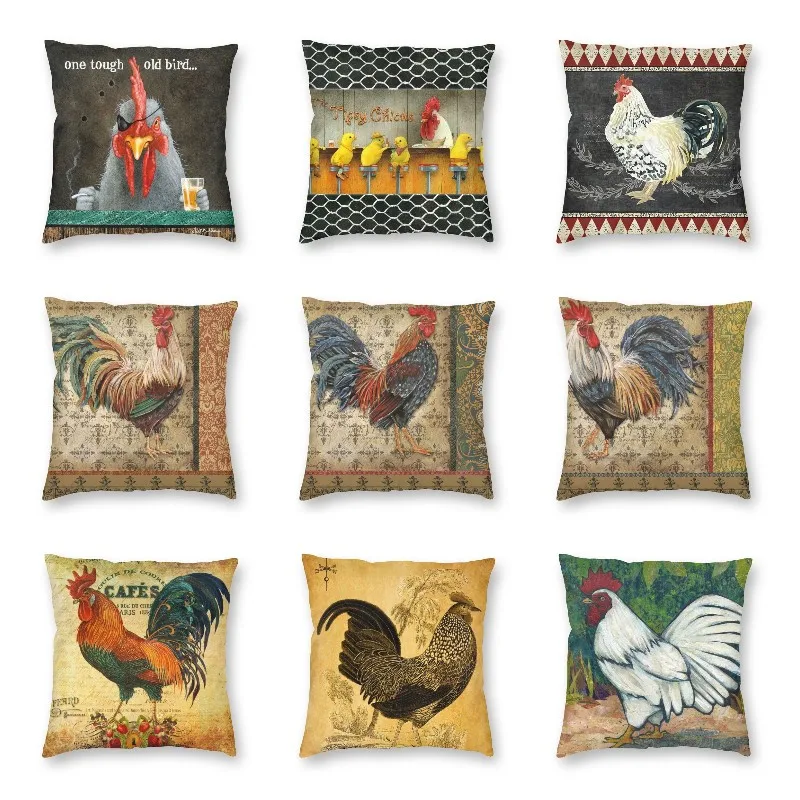 Vintage Rooster Chicken Cock Print Throw Pillow Cover Home Decor Square Animal Cushion Cover 45x45 Pillowcover for Living Room