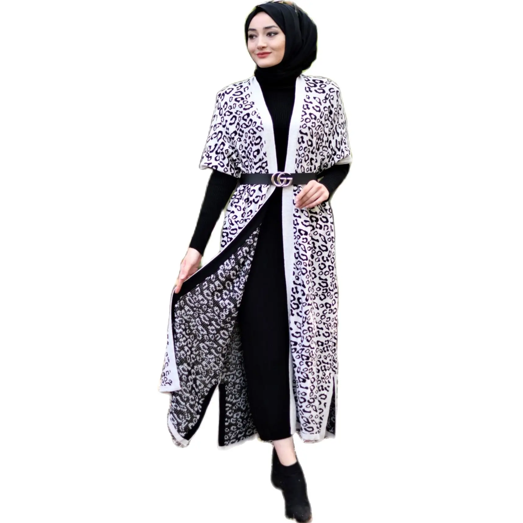 2 Piece Women's Set Leopard Patterned Knitwear Maxi Turtleneck Dress and Maxi Cardigan Long Sleeve Turkey Muslim Fashion 2021