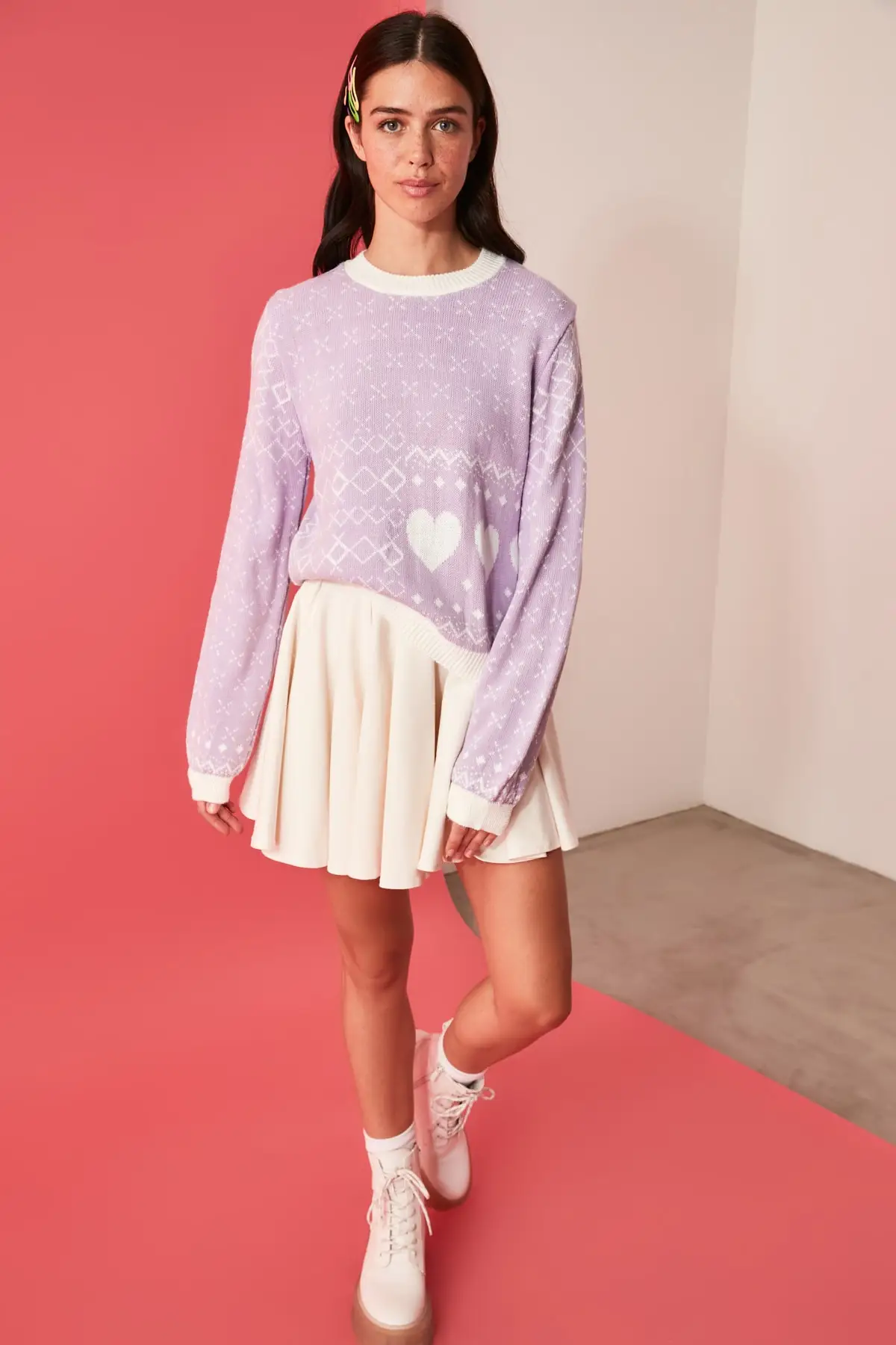 Lilac White Heart Pattern Jacquard Knitwear Sweater