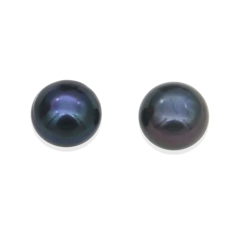 2 Piezas de Perlas Negras Naturales de Agua Dulce, Perforadas a la Mitad, con Orificio Semiabiertos, Redondas y Planas, para Joyería DIY, Aretes