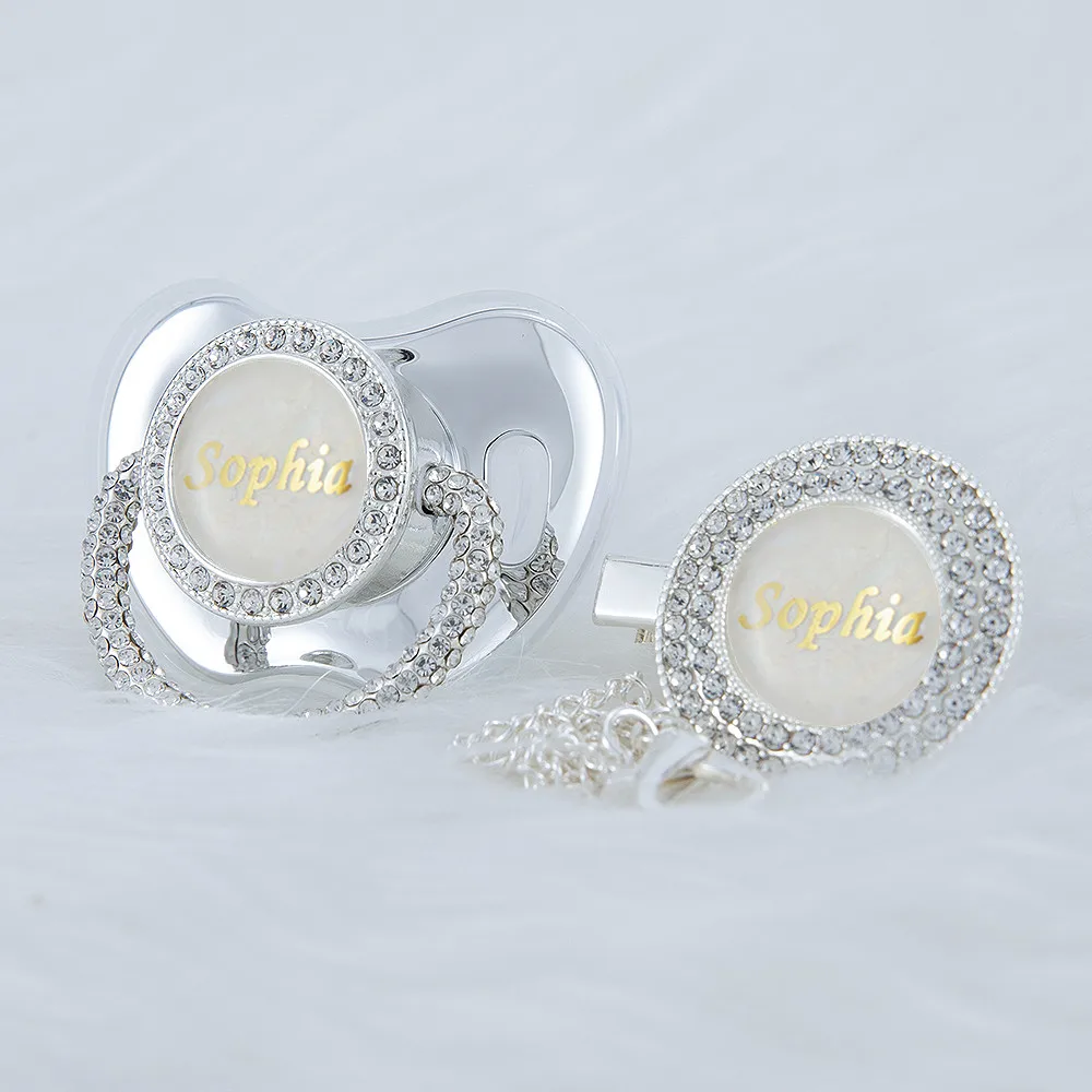 

MIYOCAR Personalized name silver whole bling pacifier and clip set anniversary New Born gift Photography no for daily use