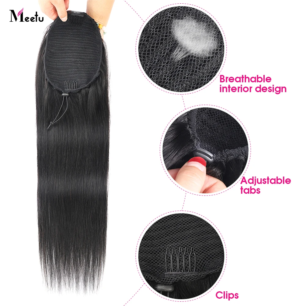 Meetu Ponytail Human Hair Wrap Around Straight Ponytail Extensions Remy Hair Ponytails Clip in Hair Extensions Natural Color