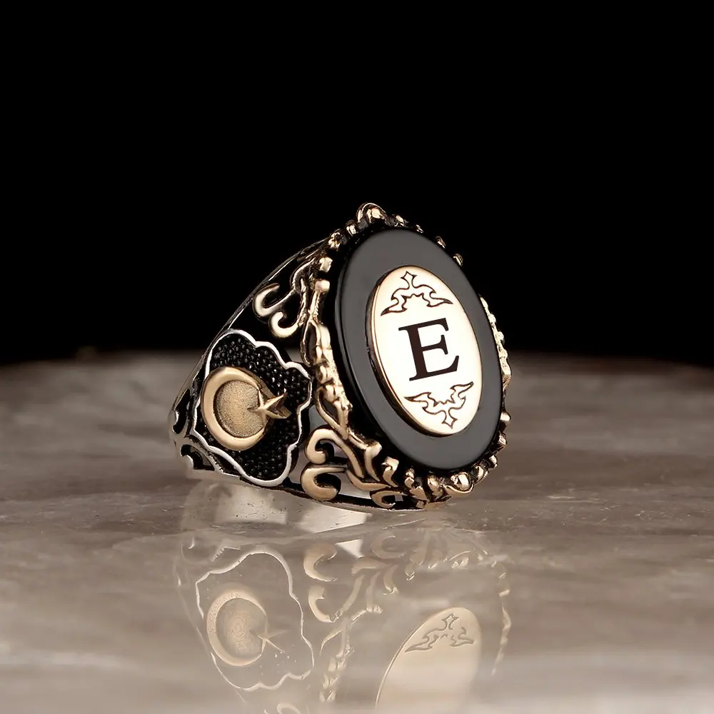 Personalized Letter Crescent Onyx Gemstone 925 Sterling Mens Silver Ring