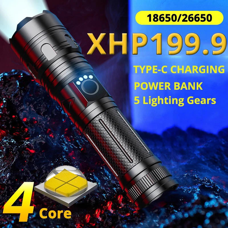 

XHP199 Powerful LED Flashlight XHP220 Military Special Long-range 5000M Portable USB Torch T6 Self Defense Powerbank Lights