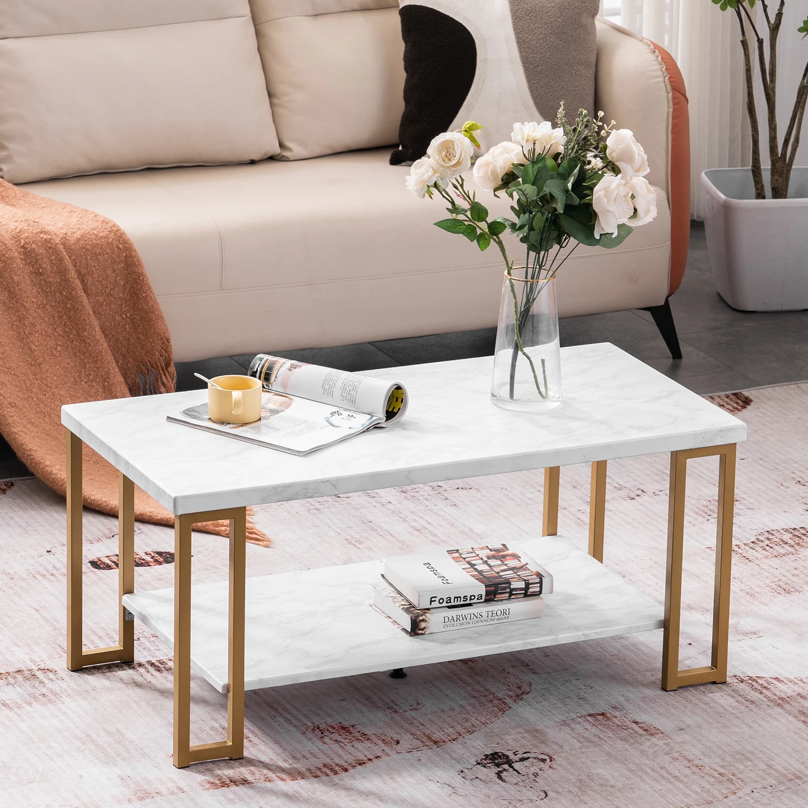 100 x 51 x 46CM Simple Double-layer Golden Iron Pipe Marble PVC Coffee Table Rectangular White&Golden[US-Stock]