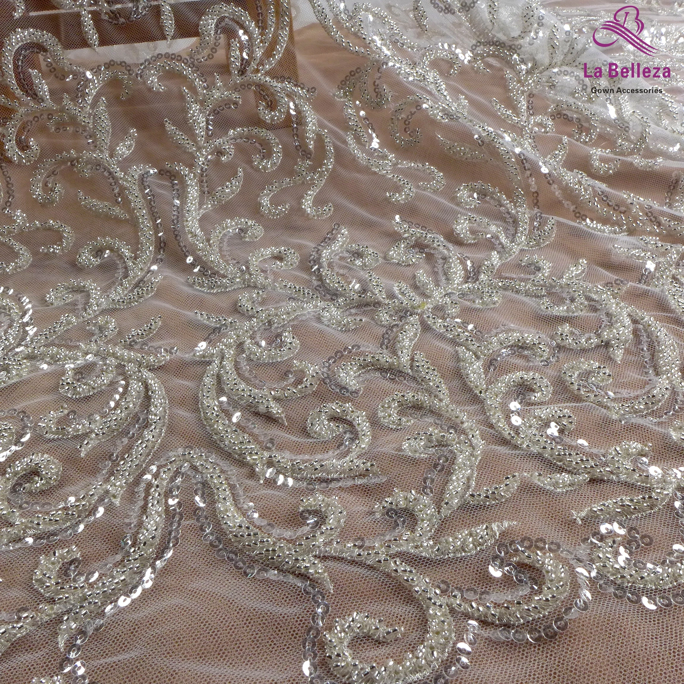 Silver wedding lace fabric,Ivory Heavy beaded gown lace,Evening dresses,110cm width Ivory sequins lace fabric 1 yard