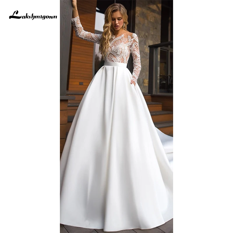 Laksgmigown A line Wedding Dress with Long Sleeve Elegant Lace Wedding Gown for Bride vestido de novia 2021 Satin Bridal Dress