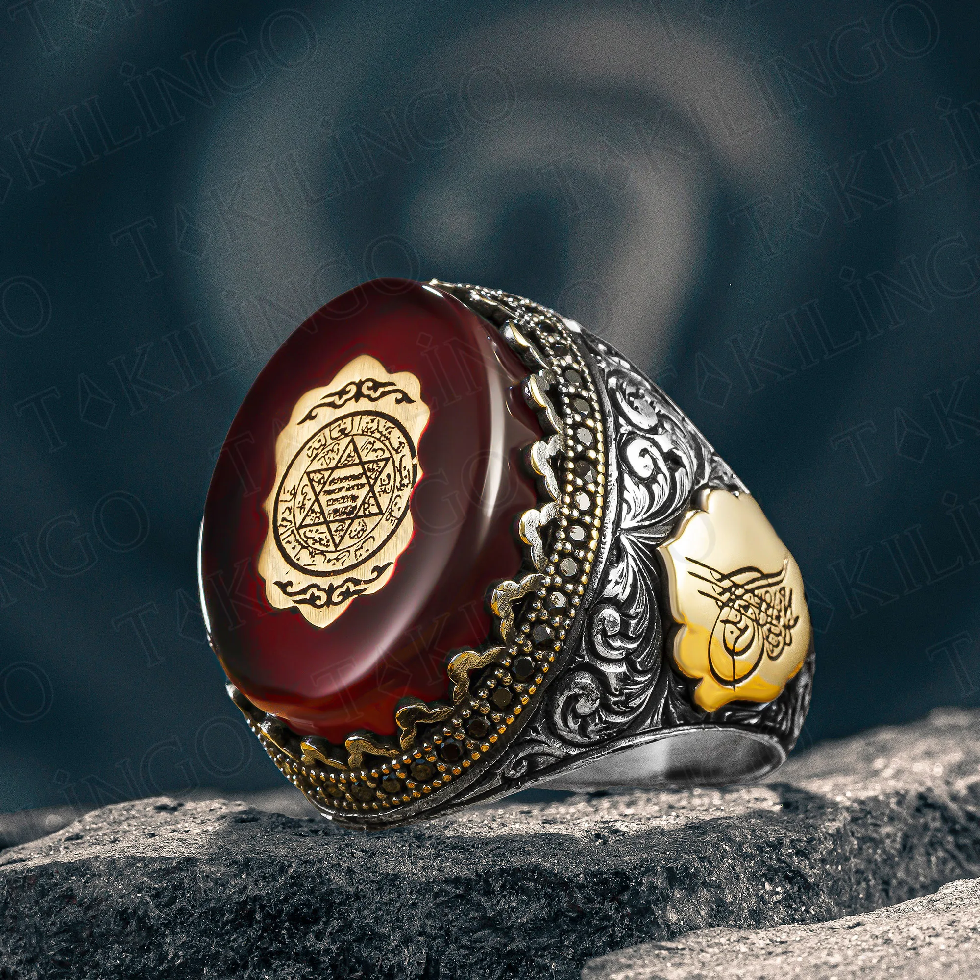 

Solid Big 925 Sterling Silver Seal Of Solomon On Amber Stone Men's Ring David Of Star High Quality Handmade Jewelry Gift For Him