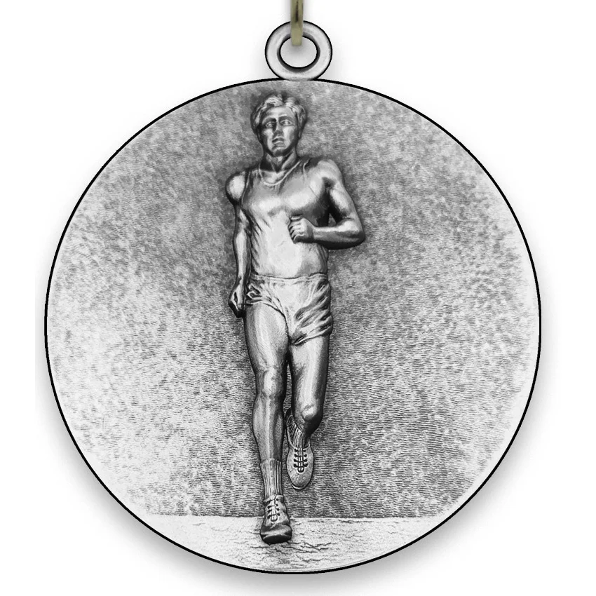 Large Metal Running Male Silver Medal - 6,4 cm - with Neck Ribbon size 2.2cm x 80cm - Choice of Ribbon Colours.