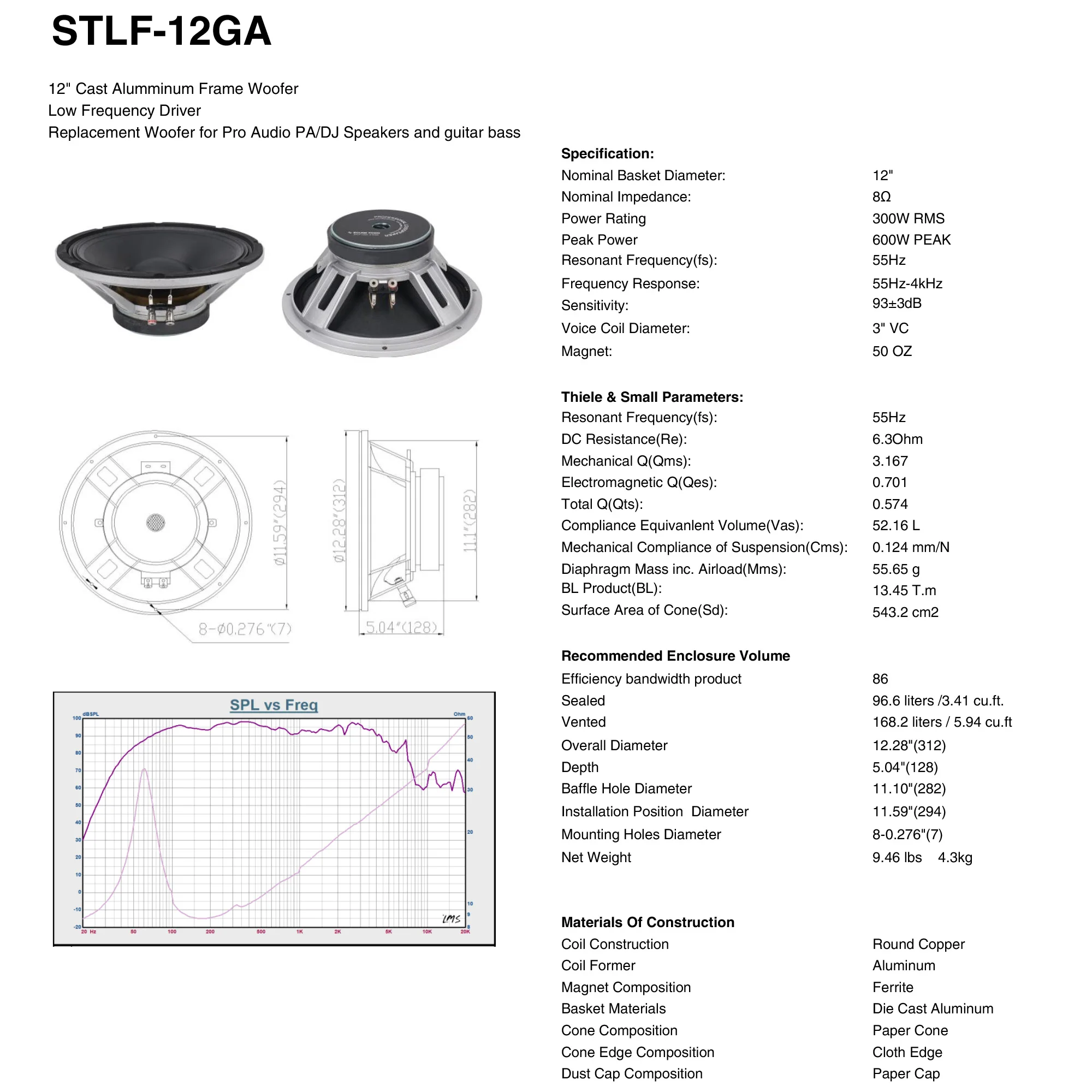 Звук Таун 12 "300 Вт литые Алюминий рамка НЧ-динамик W/3" по индивидуальному заказу звуковая катушка наушников, замена НЧ-динамик для PA/DJ Динамик (STLF-12GA)