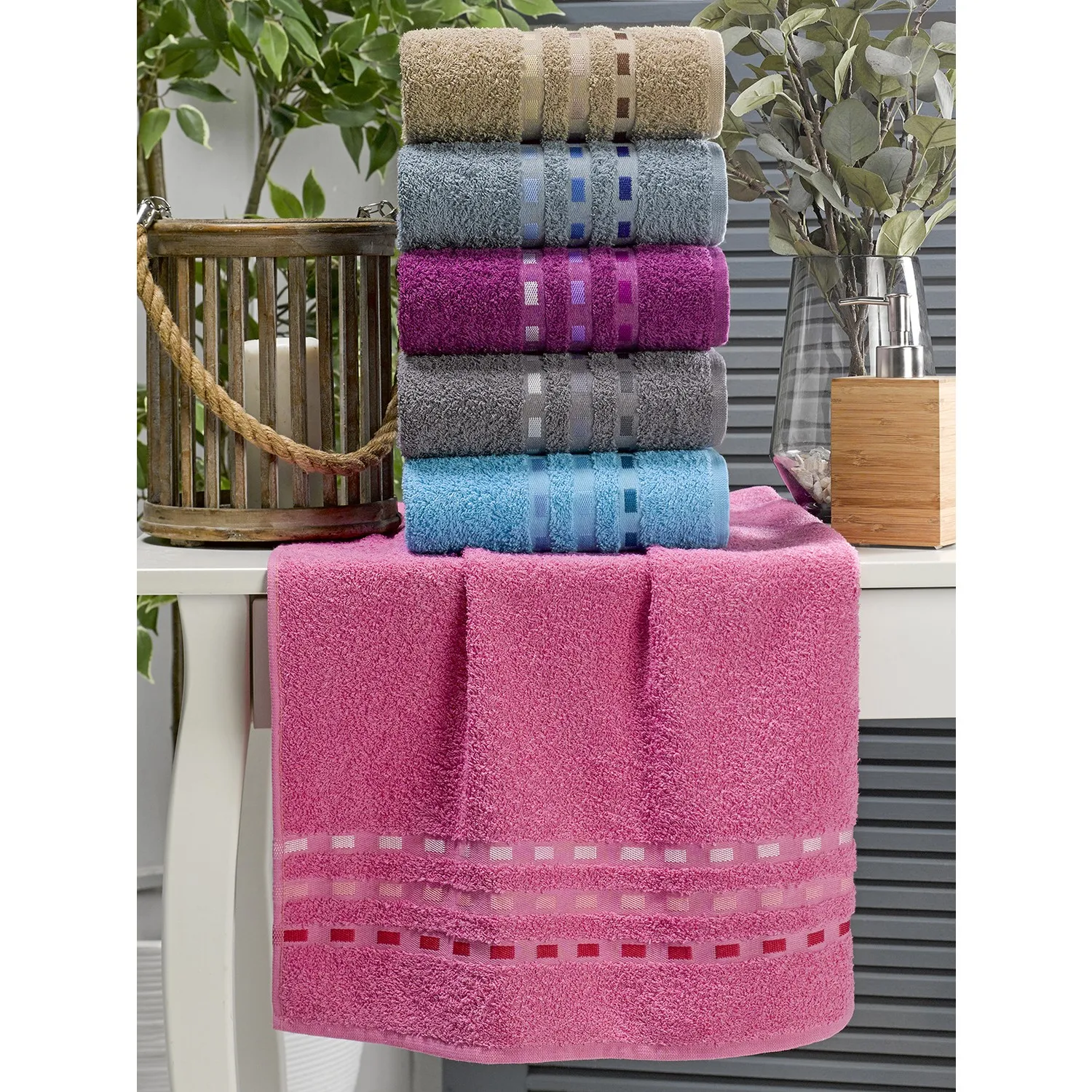 

Cotton Fast driying Antibacterial Patterned 6 pcs Towel Set 50X90CM Brown Light Grey Plum Anthracite Turquoise Pink