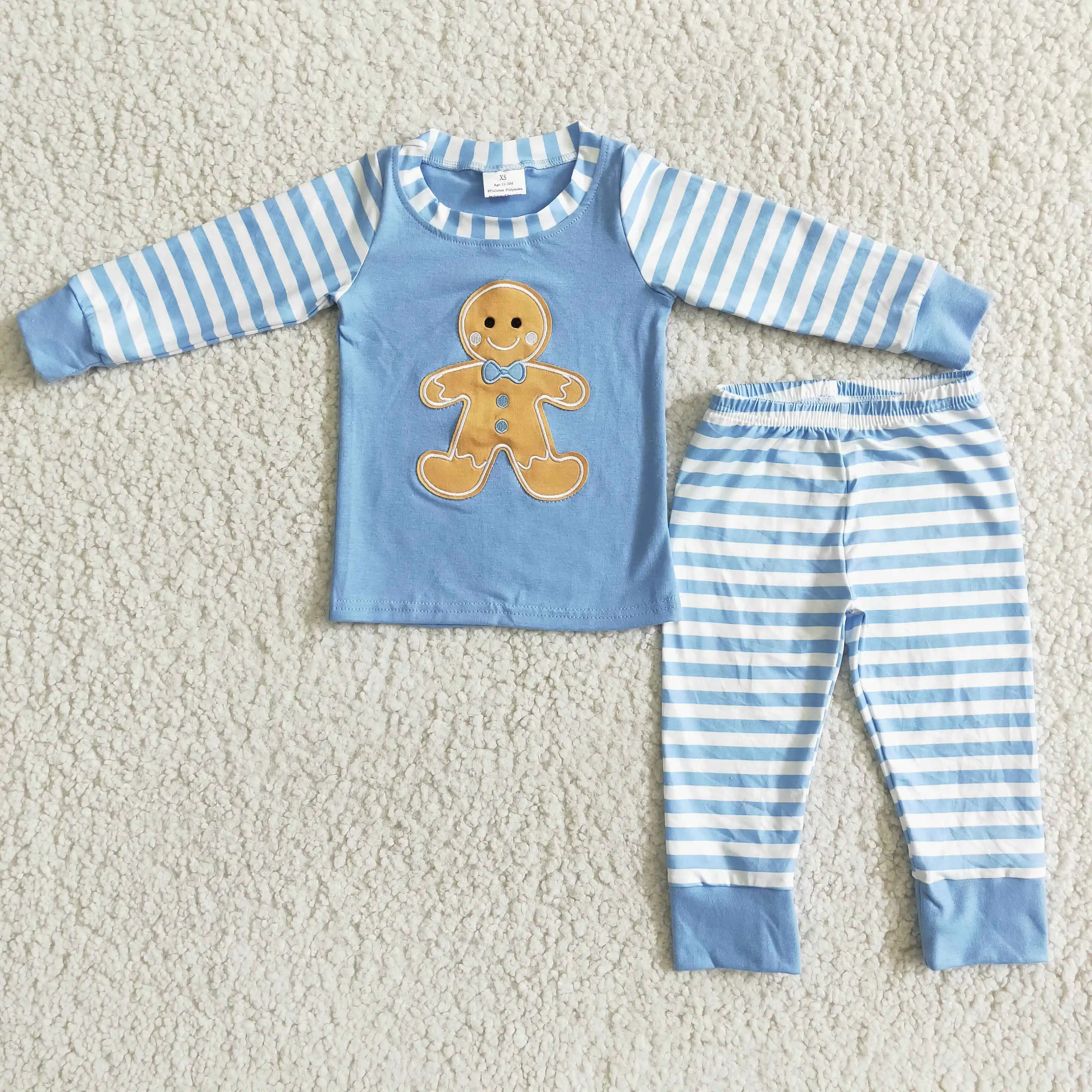 

Christmas style boy winter pajamas set gingerbread embroidery pattern sky blue long sleeved shirt striped printed leggings kids