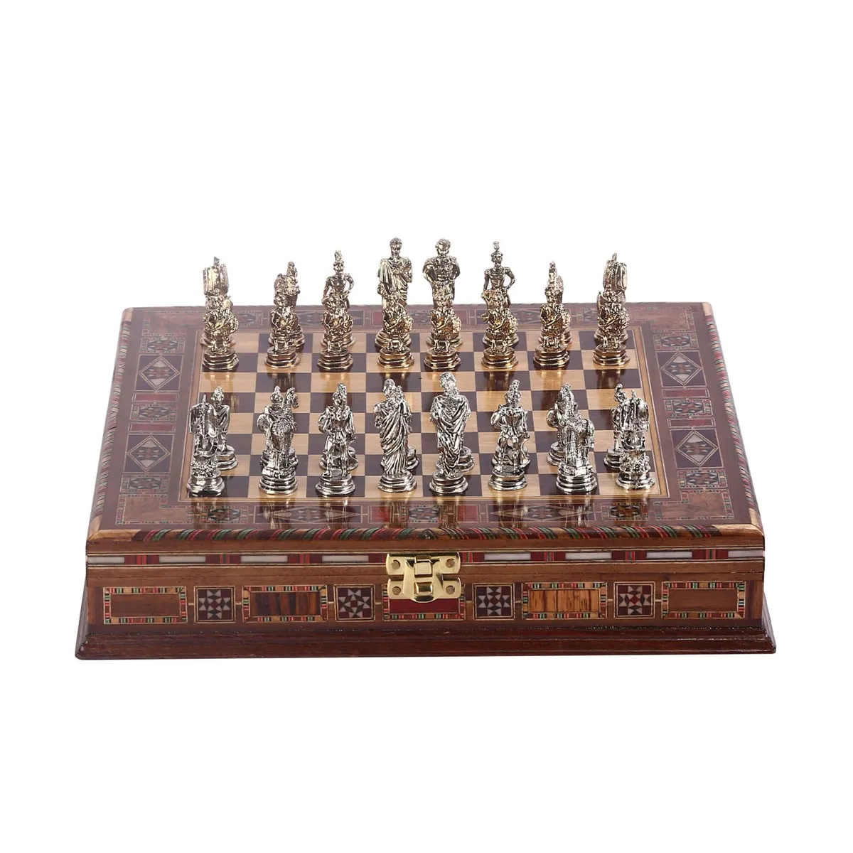 

Historical Troy Figures Metal Chess Set, Handmade Pieces, Natural Solid Wooden Chessboard, storage Inside Small Size King 5cm