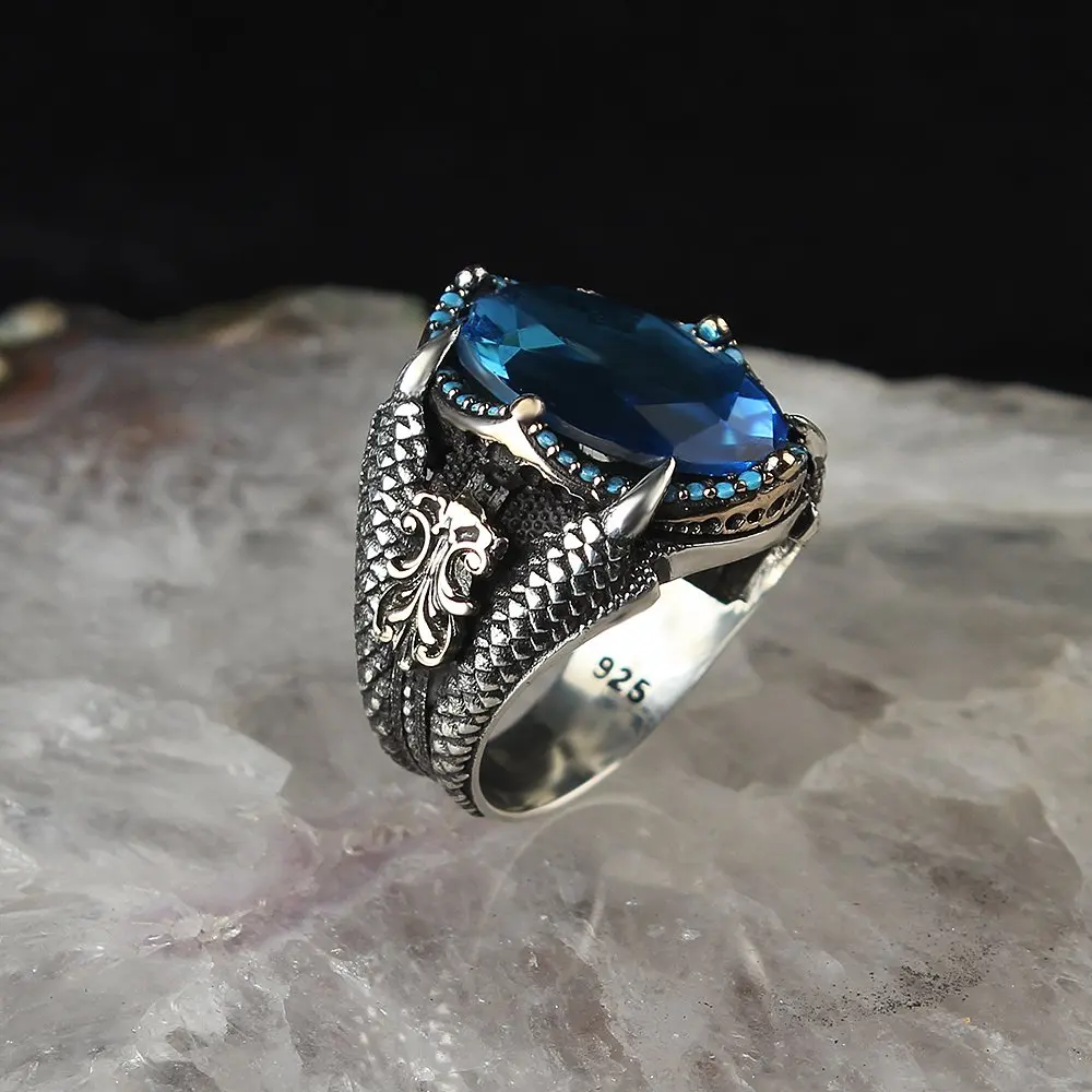 Eagle Claws 925 Sterling Silver Ring for Men Topaz Stone Jewelry Fashion Vintage Gift Onyx Aqeq Mens Rings All Size