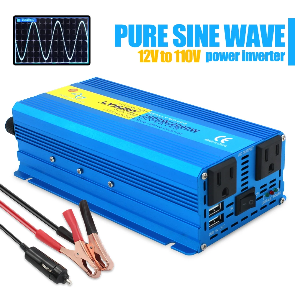 

Pure Sine Wave DC12V/24VTo 110V 220V 60Hz 1000W/2000W Dual Car Camping Boat Converter 3.1A 2 USB US Socket Power Inverter