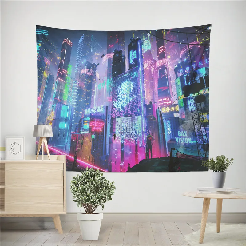 Aertemisi Cyberpunk Neon City Futuristic Aesthetic Tokyo Japan Japanese Anime Tapestry Wall Hanging Art for Bedroom Living Room