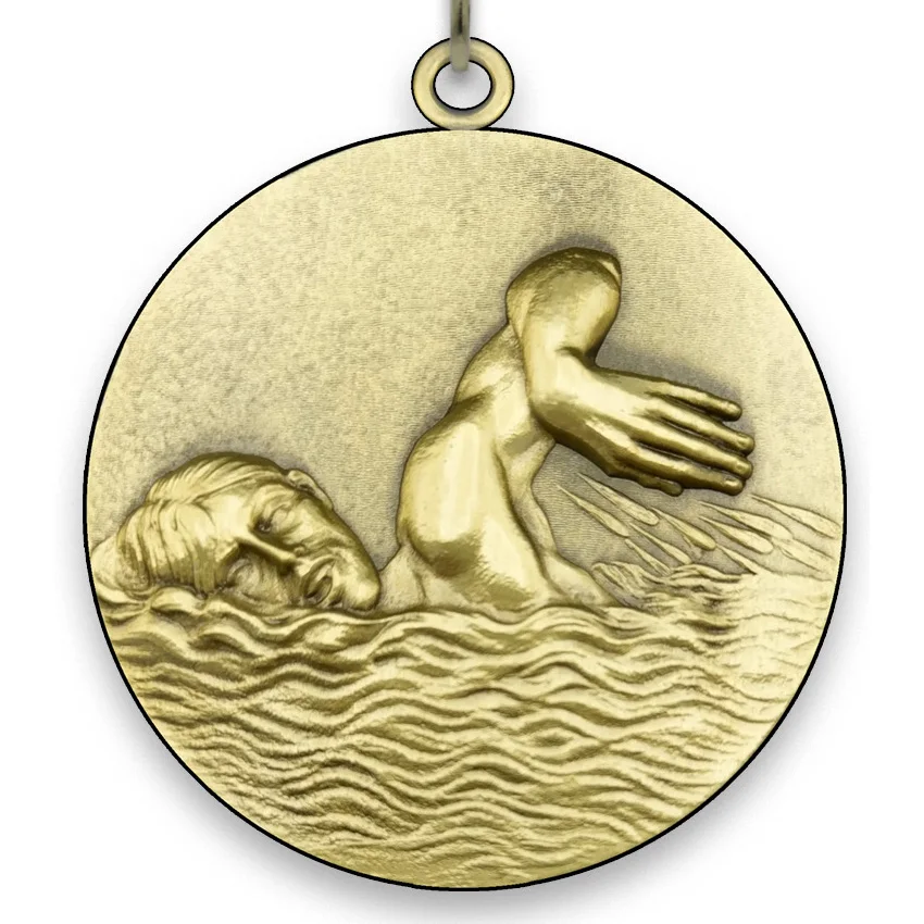 Large Metal - Swimmimg Medal - Male - Gold-6,4 cm - with Neck Ribbon size 2,2cm x 80 cm - Choice of Ribbon Colours.