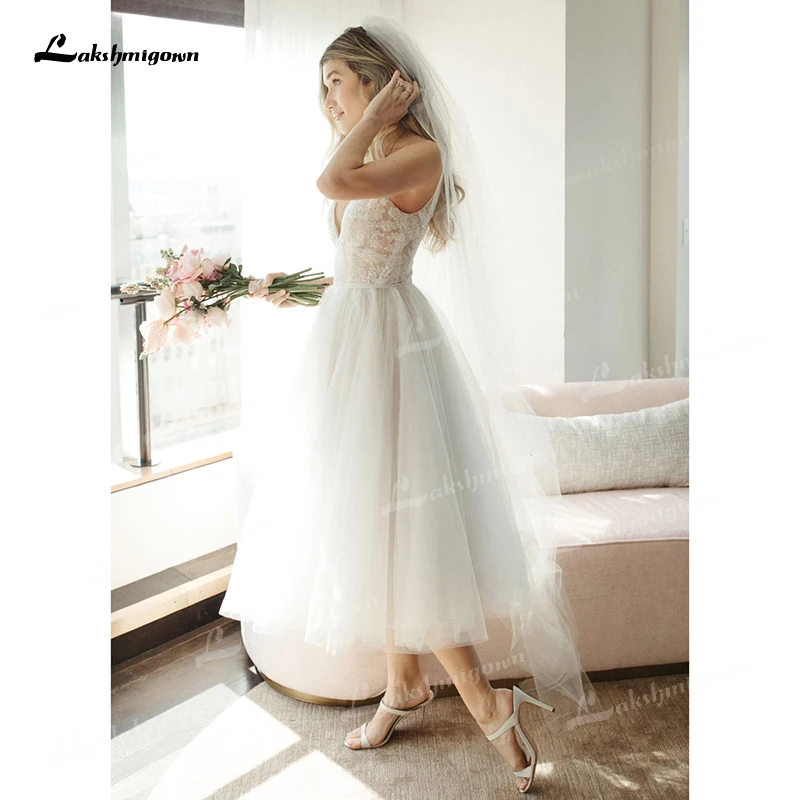 Sexy Lace Sleeveless Backless Spaghetti Straps V-neck A-LINE Tulle Knee-Length Bridal Gowns Wedding Dresses 2024 robe de mariée