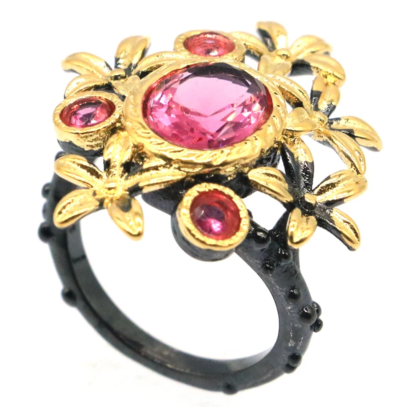 

Buy 3 get 1 free 27x25mm 6.3g Pink Tourmaline For Women Daily Wear Black Gold Silver Rings Punk Hollow