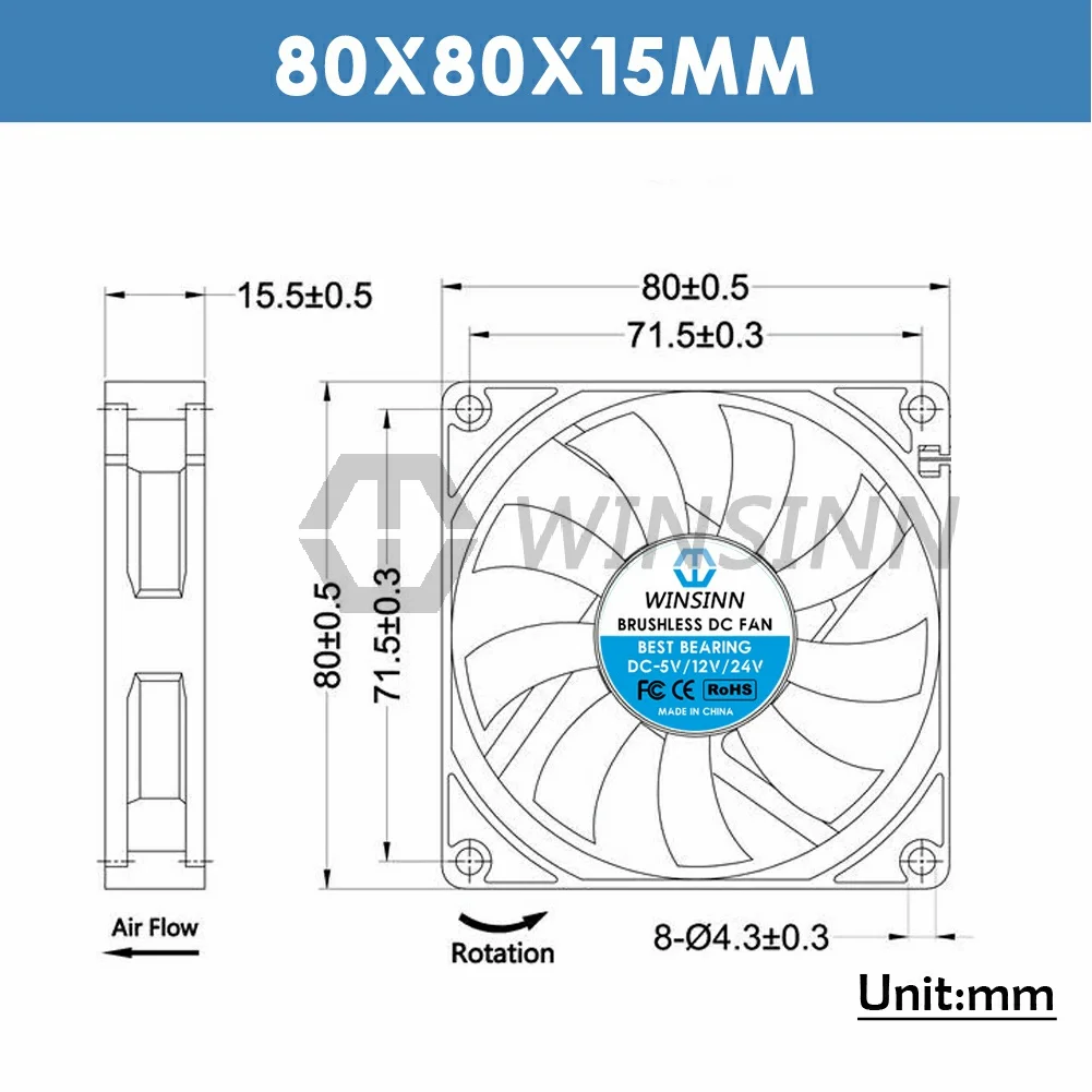 WINSINN 8015 80mm Fan DC 5V 12V 24V Sleeve / Dual Ball Bearing Brushless Cooling 80x15mm 2PIN