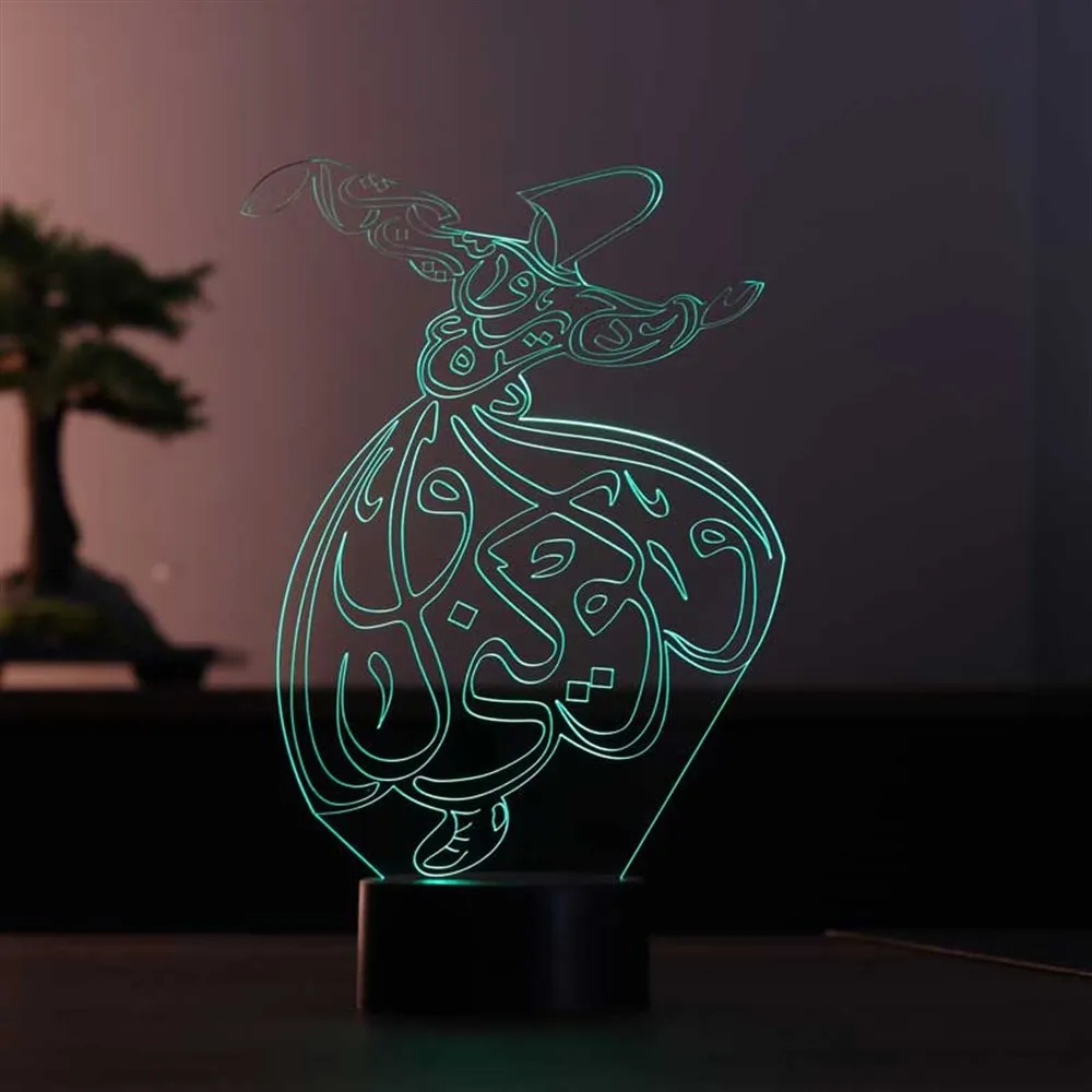 Whirling Dervish 3D Acrylic Table Lamp 12 Volt Adapter Religious Design Wood Base Birthday Special Day Best Gift Idea for Couple Room Decor Anime Wedding Stranger Things Led Lights Wedding Decoration Nightlights