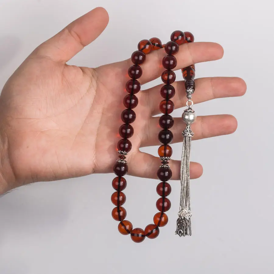 Silver Fire Amber Gemstone Prayer Rosary Men Drop Rosary With Silver Tassel Islamic Tasbih With Ottoman Tughra Model Tassel