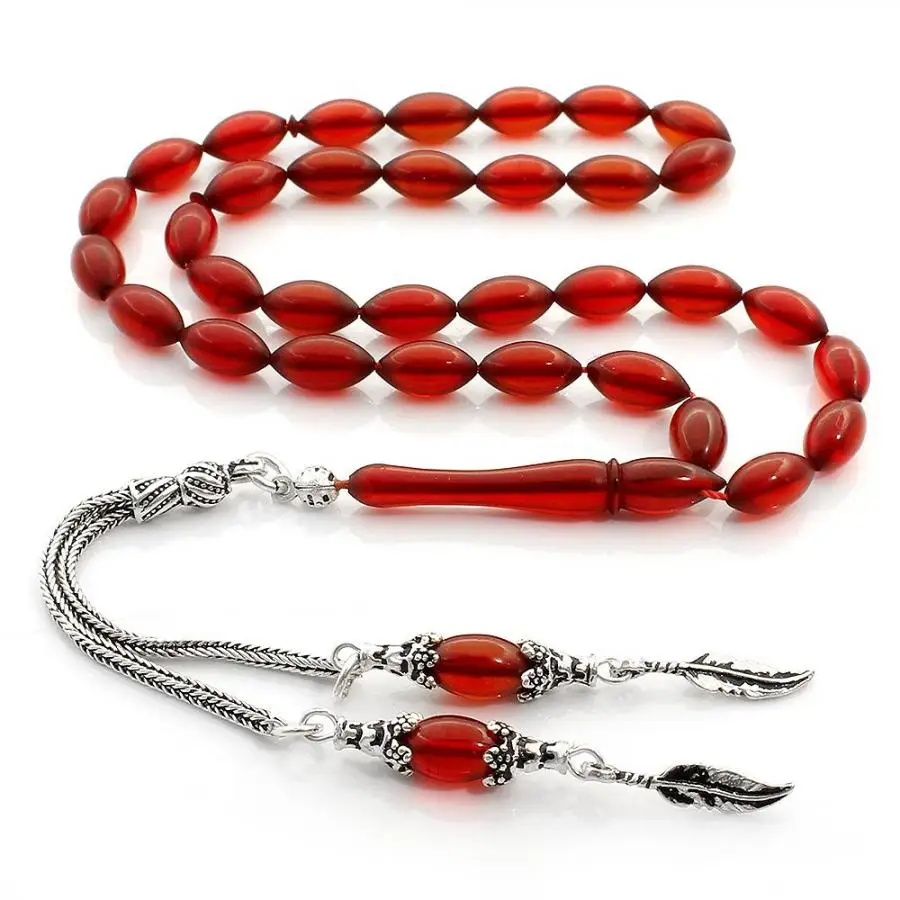 Silver Red Amber Gemstone Prayer Rosary Men Barley Cut Rosary With Silver Tassel Islamic Tasbih With Ornate Tassel 925k Silver